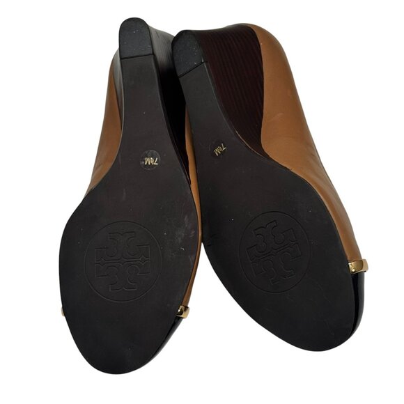Tory Burch Womens 7.5 Pacey Wedge Pump Shoe Cap Toe Tan Leather - Picture 10 of 11